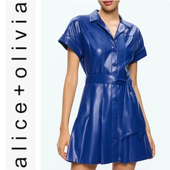 Alice + Olivia Shirley Faux-Leather Mini Shirtdress in Royal Size 2 - Picture 1 of 16